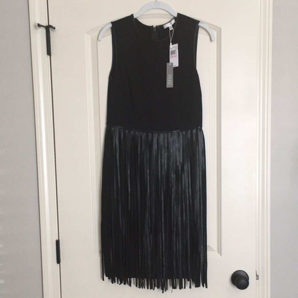 NWT Black dress w/faux leather trim & fringe, Size 6